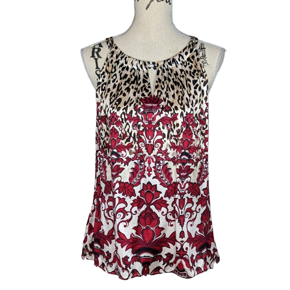 WHBM Sleeveless Animal Print Silk Stretch Blouse Black Tan Fuchsia Size 14